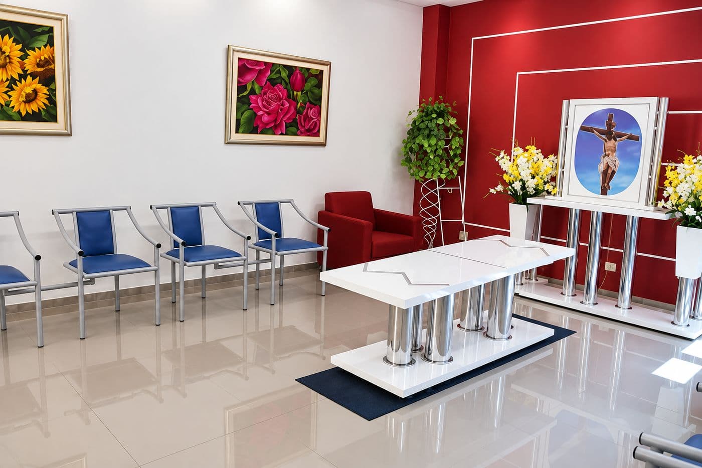 Salão da capela da Pax Vida, com as cadeiras alinhadas para a família, quadros de flores na parede e o esquife diante do crucifixo