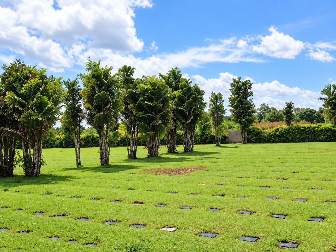 Área gramada do Cemitério Parque Monte das Oliveiras, com palmeiras, cerca viva ao fundo e placas de identificação rentes ao chão