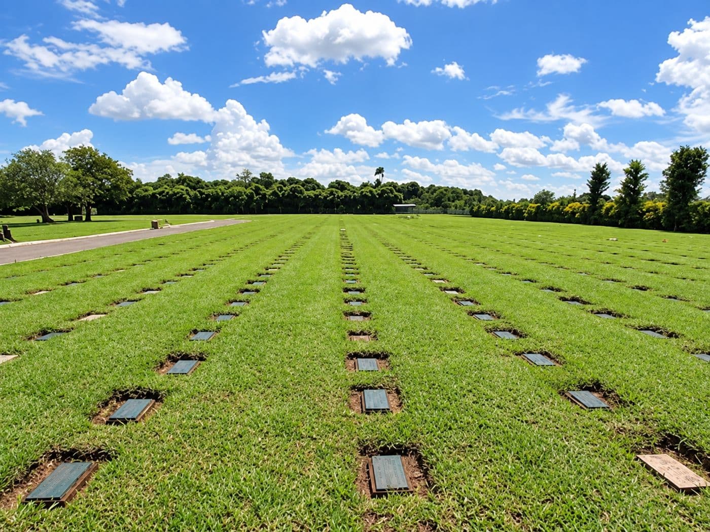 Quadras gramadas do Cemitério Parque Monte das Oliveiras, com as placas de identificação rentes ao chão em fileiras e a alameda de acesso à esquerda