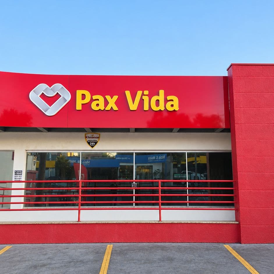 Fachada da Pax Vida, com o letreiro vermelho e amarelo sobre a entrada, o gradil vermelho e as vagas de estacionamento na frente