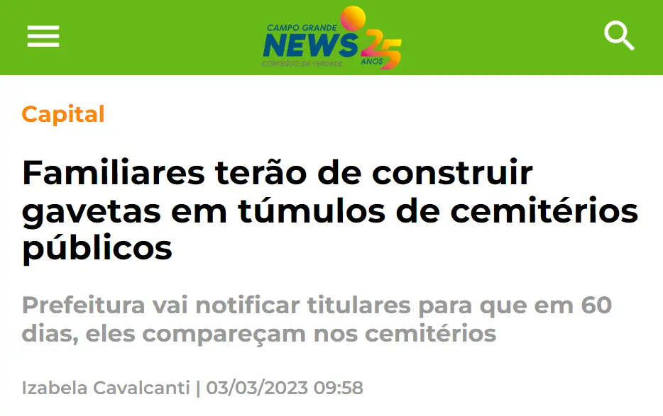 Familiares terão de construir gavetas em túmulos de cemitérios publicos